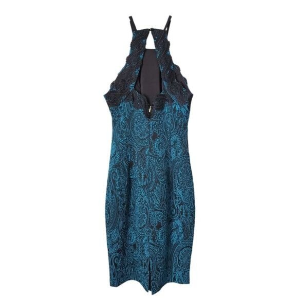 TRINA TURK Sheath Cocktail Dress Halter Neckline Lace brocade NEW teal black 2 - Picture 2 of 11